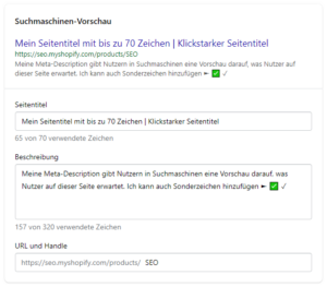 Der Screenshot zeigt die Eingabemaske für Title Tag und Meta-Beschreibung bei Shopify