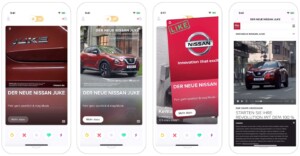 Vier Smartphones auf denen der Ablauf von Tinder Ads zu sehen ist.