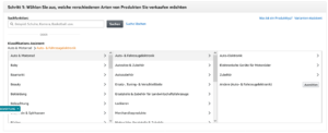 Die Benutzeroberfläche im Seller Central mit den Auswahlmöglichkeiten der verschiedenen Kategorien die für die NIS-Flatfiles relevant sind.