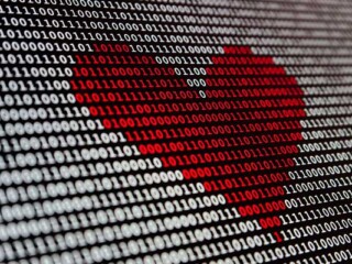 Ein rotes Herz aus Nullen und Einsen. Verdeutlicht das Thema Online-Dating und Tinder Ads